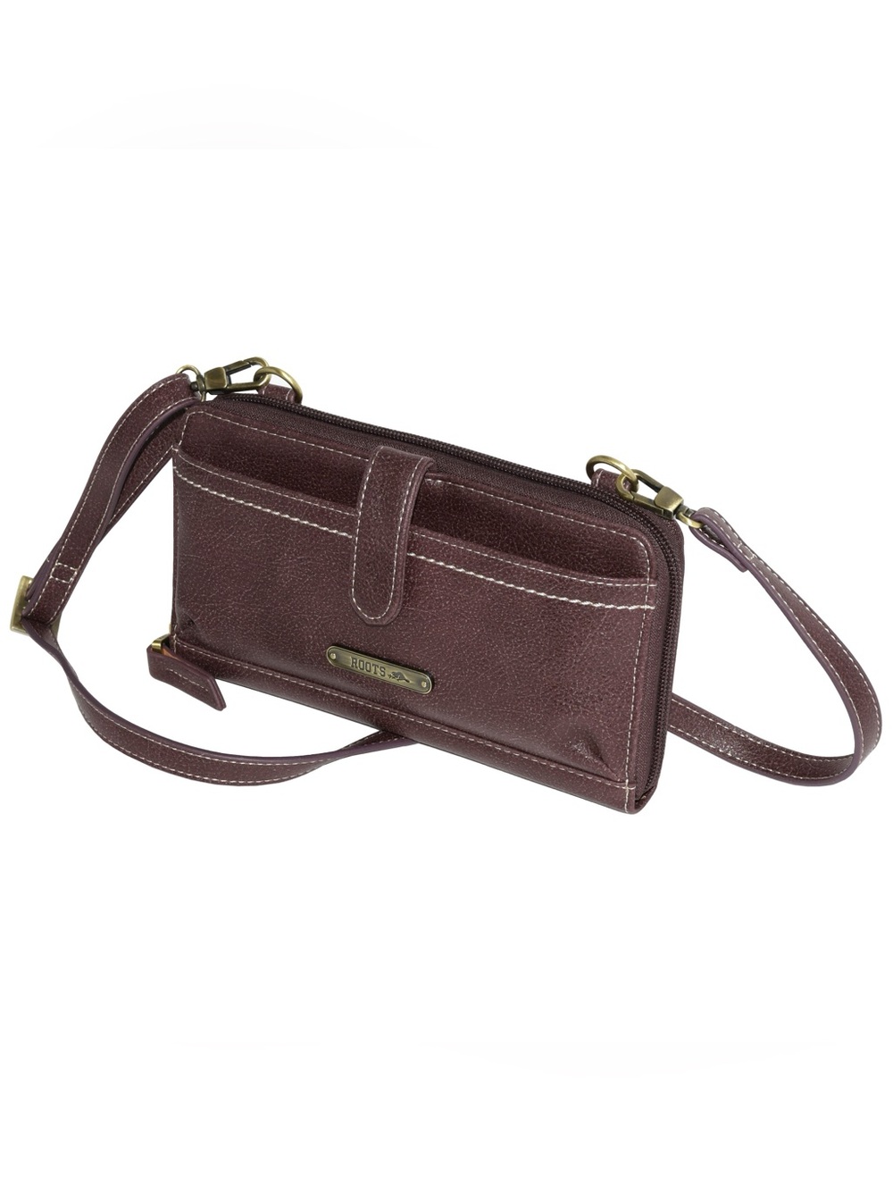 Roots Brown Crossbody Wallet with Brass Accent